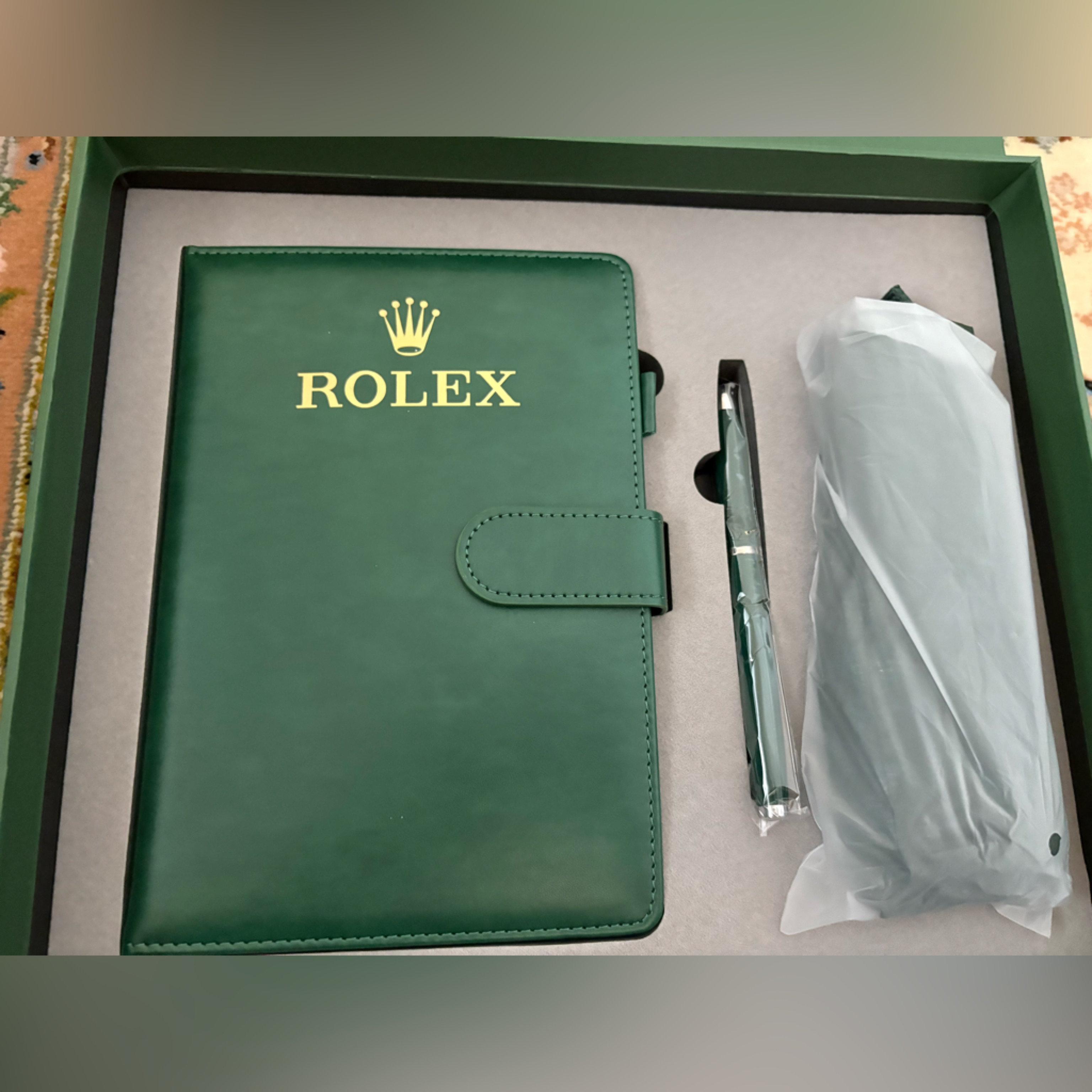 Brand New Rolex Gwp Green Leather Notebook Pen Umbrella Set